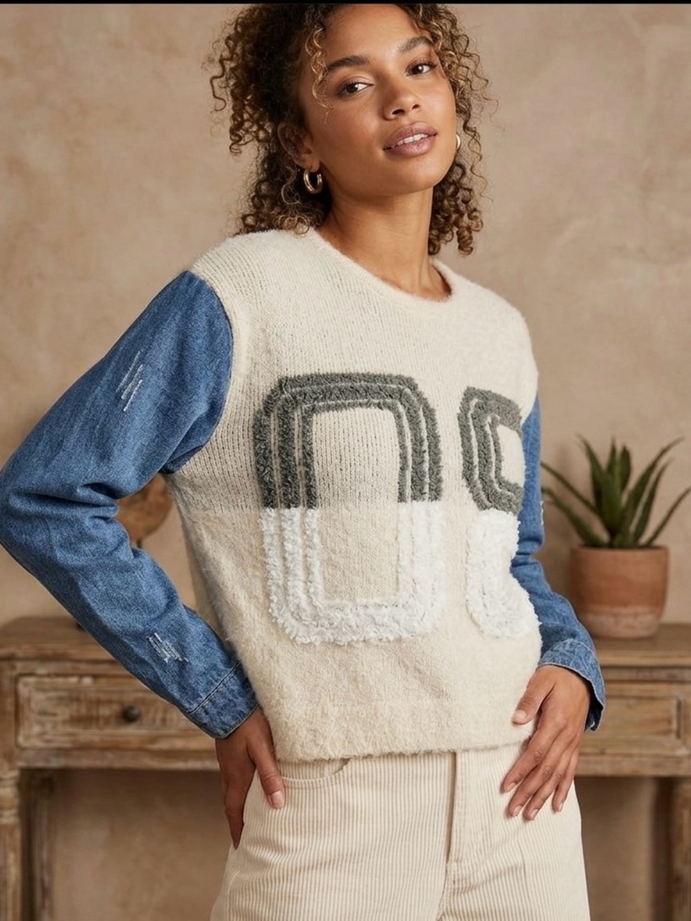 POL Denim Contrast Knit Sweater Size Medium